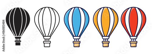 Set of Air Balloon Vector Illustration with Solid, Outline and Color Version, Hot Air Balloon Icon with Orange and Blue Balloon