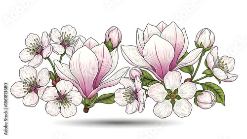 Beautiful floral arrangement with magnolias and blossoms on a white background