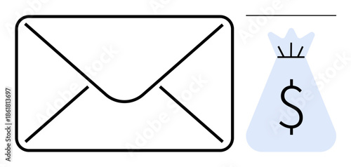 Envelope icon representing email communication paired with a money bag symbol denoting financial transactions or savings. Ideal for themes thumbs up business, finance, banking, e-commerce, marketing