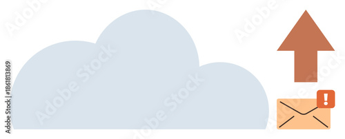 Large cloud, red upward arrow, envelope with alert mark suggest data upload, communication error. Ideal for cloud computing, email, data storage, technology alerts messaging web services. Simple
