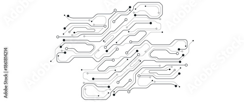 Electronic circuit with empty space on white background. Dots and lines connection circuit design