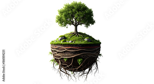 A serene tree stands alone on a lush green island with exposed roots against a white background