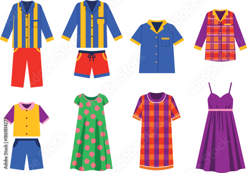 Eight different styles of pajamas and sleepwear clothing items arranged in two rows
