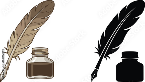 Feather quill pen with ink bottle illustration, vintage writing tool, calligraphy symbol, black silhouette and colored vector design