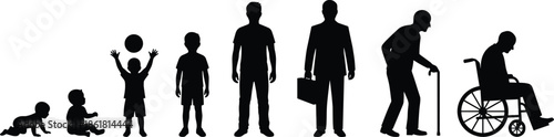 Human life cycle silhouette from baby to senior age stages, growth aging process black vector illustration isolated