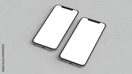 Two blank white smartphones on a gray background