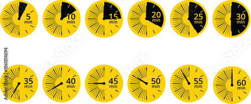 Minute timer icons set, countdown clock graphics from five to sixty minutes, time management concept, yellow flat vector illustration