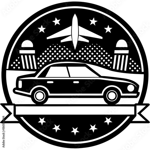 Classic car with american flag and jet