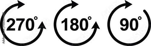 Rotation degree arrow icons set, 90 180 270 degrees circular direction symbols, clockwise rotation indicator, minimal black vector illustration