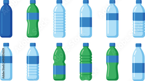Plastic water bottle set, beverage container collection, recyclable drink packaging, blue green bottles, clean flat vector illustration isolated