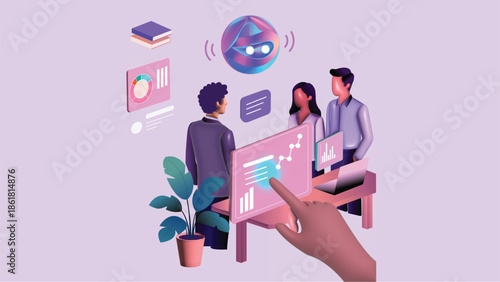 AI Powered Business Analytics and Team Collaboration in Modern Office – 3D Illustration