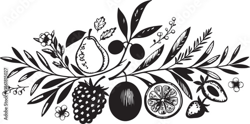 Botanical Fruit and Foliage Illustration Featuring Fig, Pear, Citrus, Berries, Leaves, and Decorative Branches