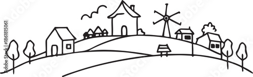 Rural Village Line Art Featuring Windmill, Houses, Trees, Birds, Hills, Bench, and Peaceful Countryside Scene