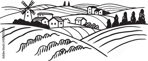 Rural Village Landscape Illustration Featuring Windmill, Barns, Fields, Trees, Hills, and Traditional Countryside Architecture