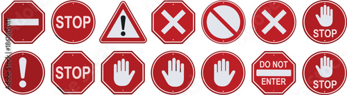 Stop and prohibition road signs icon set, warning traffic symbols, do not enter, safety restriction flat vector illustration