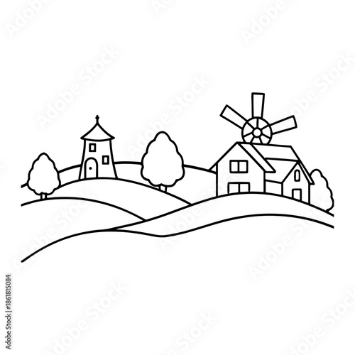 Rural Landscape Line Art Featuring Hills, Church Tower, Windmill, Trees, House, and Peaceful Countryside Scene