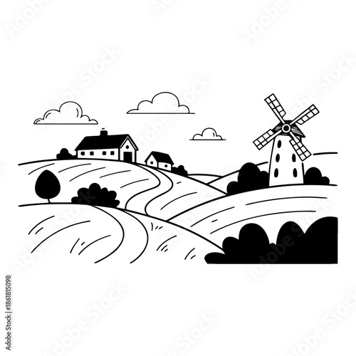 Rural Landscape Illustration Featuring Hills, Houses, Windmill, Trees, Clouds, and Winding Path in Monochrome Style