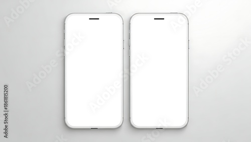 Two white smartphones with blank screens side by side on a gray background