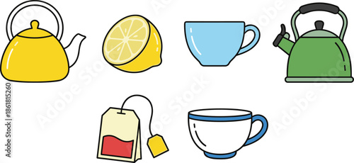 Tea time icons set, kettle cup lemon teabag symbols, hot beverage concept, cozy drink illustration, colorful flat veccozy drink illustration, colorful flat vector design