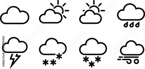 Weather outline icons set, cloud sun rain snow storm symbols, forecast conditions graphics, minimal line vector, meteorology UI elements