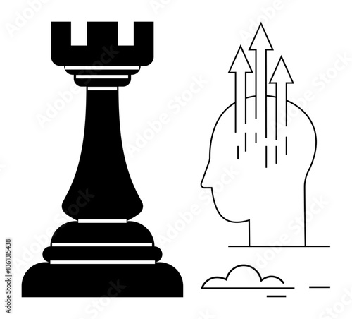 Strategic thinking concept. Strategic thinking ed by a chess rook and human head with upward arrows, growth, planning, and decision making. For leadership, business, innovation, personal development