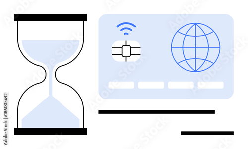 Time management, digital identity, online security, technology advancement, authentication process, efficiency. Hourglass beside a chip-embedded ID card with digital symbols. Time management