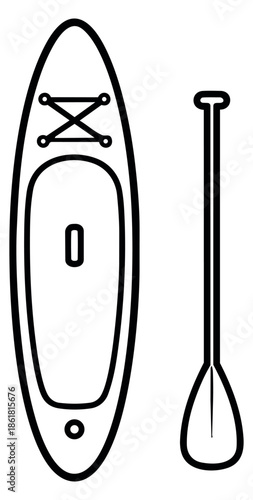 Line art stand up paddleboarding set featuring a board and a paddle for outdoor recreation