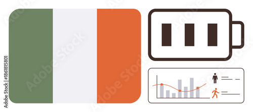 Irish flag next to battery charge icon and chart detailing trends and growth. Ideal for energy, sustainability, Ireland, growth, technology, statistics, progress themes. Simple flat metaphor