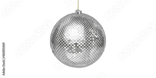 A silver disco ball hangs suspended against a stark black background