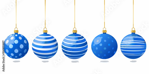 A collection of vibrant blue christmas ornaments hanging from golden threads