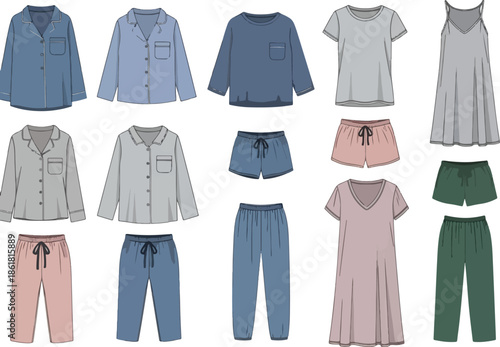 Illustrations of various pajama sets tops shorts and nightgowns in multiple colors