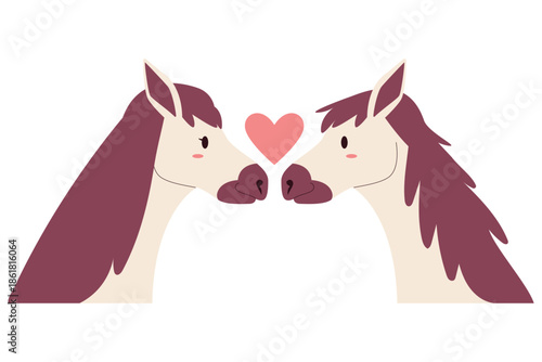 horses facing each other with a small heart between them, symbolizing love, connection, friendship, and romantic, horse valentine