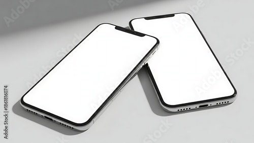 Two blank white smartphones on a gray surface