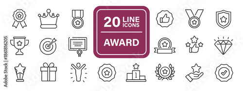 Set of Award Line Icons for Achievement and Competition Vector Illustration on White Background Exactly 200 Characters