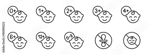 Set of baby age icons for different stages of child development from 0 months to 12 years and warnings no pacifier or sad baby