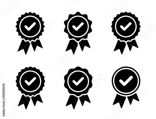 Set of badge icon quality certified medal ribbon design vector illustration