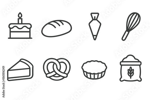 Set of Bakery and Cooking Icons with Cake Bread Pie Mixer Flour and Other Related Items in Simple Outline Style Vector Illustration