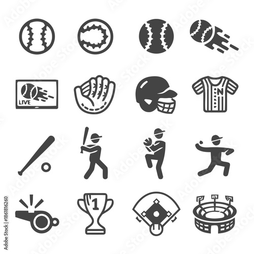 Set of Baseball and Sport Icons in Glyph Style