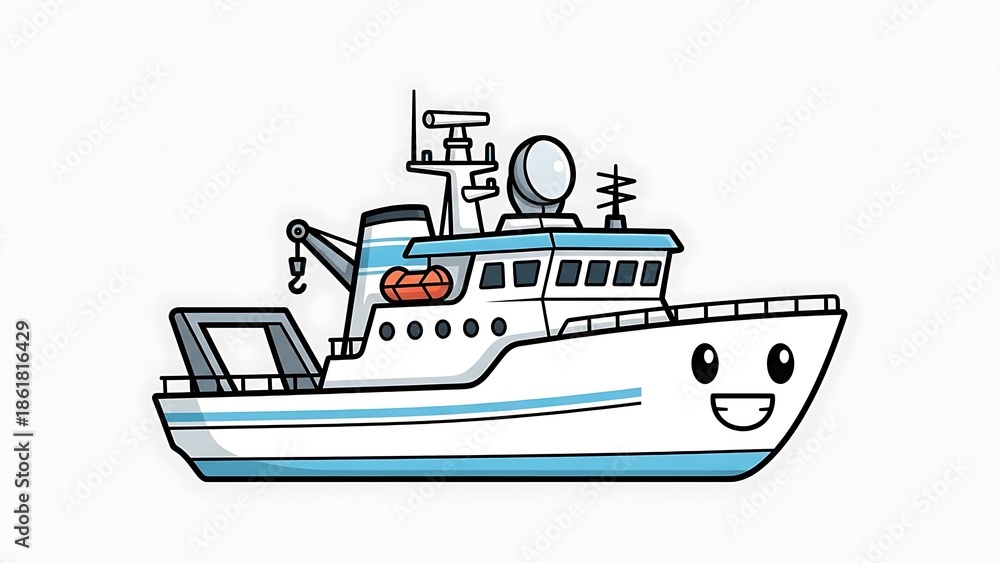 Obraz premium Cartoon Fishing Boat with Smiling Face.