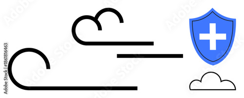 Climate protection, air quality, environment, safety measures, clean energy, health. Stylized airflow lines with a shield and cross alongside a cloud. Climate protection and air quality concept