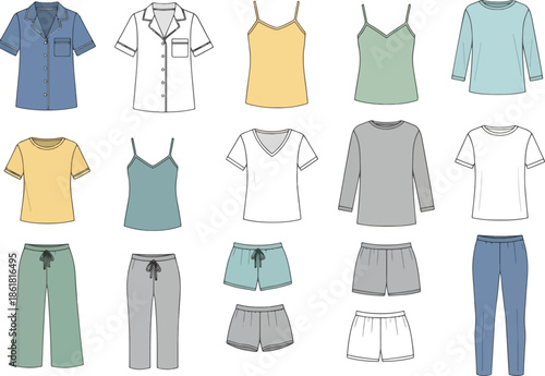 Pattern flats of assorted pajama tops bottoms shorts and lounge wear