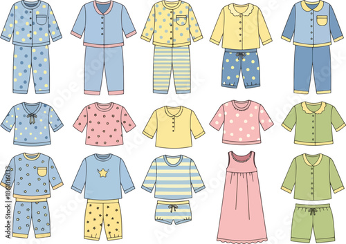 Seamless pattern of various styles of childrens pajamas and nightgowns