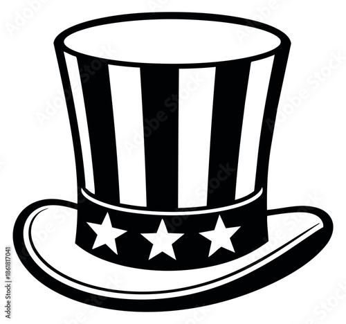 Bold line art illustration of an uncle sam hat depicting stripes and stars for american national holidays