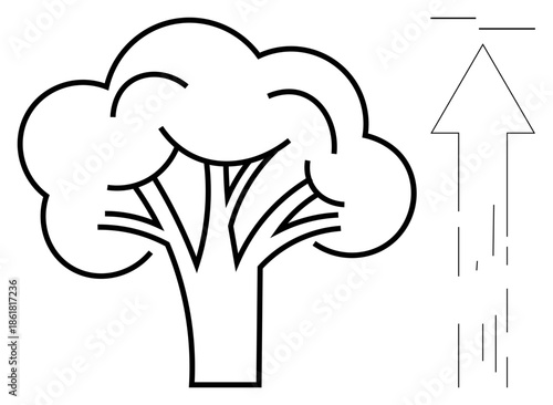 Sustainability, growth, eco-friendly practices, environmental awareness, business innovation, positive change. Simple tree outline with upward arrow indicating growth. Sustainability and growth
