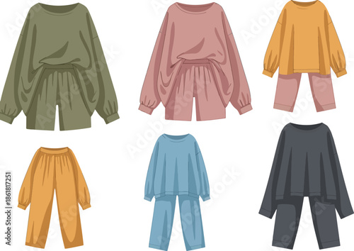 Six illustrated loungewear sets three shorts sets and three pants sets in various colors