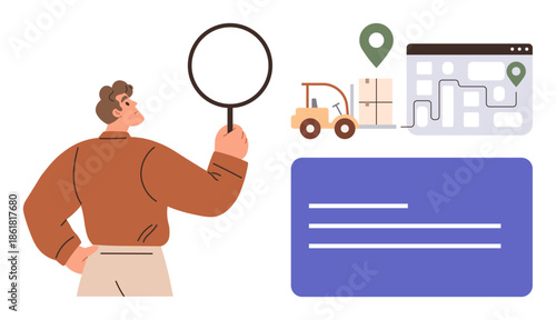 Person holding magnifying glass examines forklift, packages, digital map with route for logistics insight. Ideal for supply chain, analysis, transportation, logistics, distribution, strategy