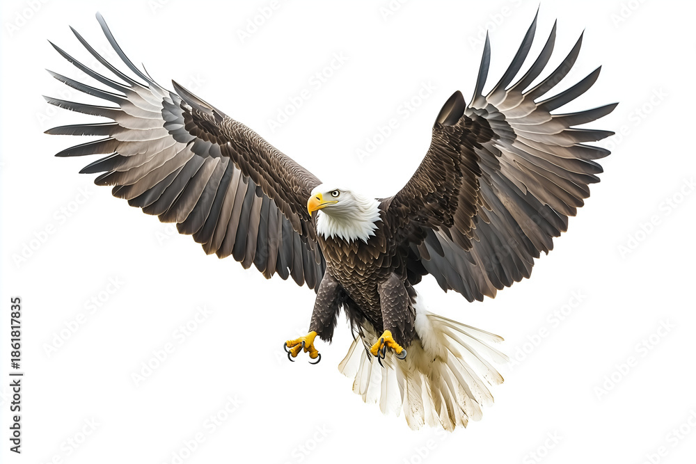 Obraz premium Majestic Bald Eagle Flying with Wings Spread Isolated on White Background
