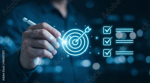 A person is visually demonstrating strategic goal setting and achievement through digital technology emphasizing precision and successful task completion in a modern business
