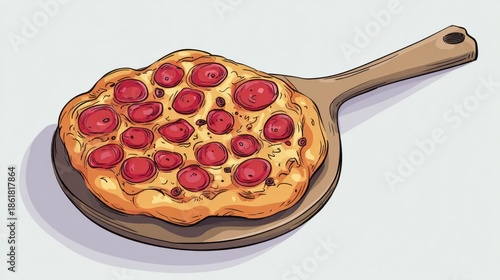 A mouthwatering pepperoni pizza rests on a round wooden board, its golden crust and bubbling cheese inviting all to indulge. Each slice promises flavor and happiness