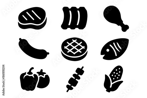 Set of black grilled icons on a white background